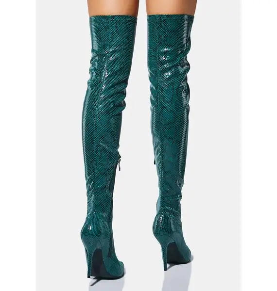 Fashion ladies stiletto high heels pointed toe winter long stretchy boots customize over the knee green snake thigh high boots