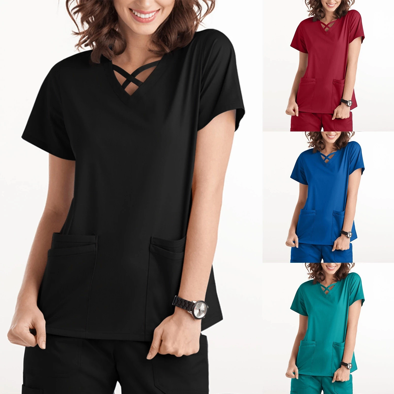 OEM Hospital Nursing Uniform Unisex Srubs Short Sleeves Black Color Top and Pants Scrub Suit Uniforms