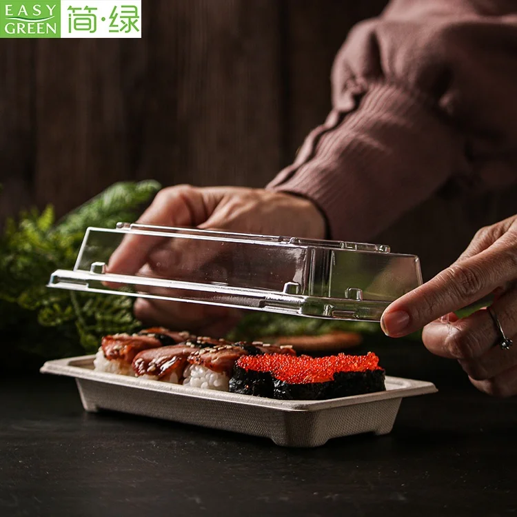 Disposable biodegradable compostable bagasse sushi tray container