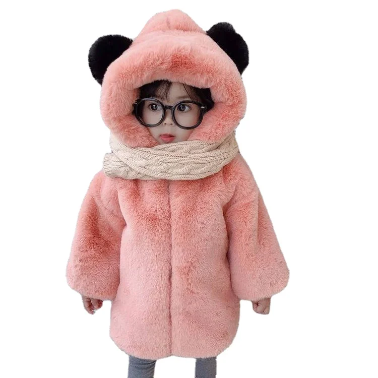 
2021 hot selling Winter toddler girls boys hooded outwear long sleeve warm thick fur jacket cute design overcoat 