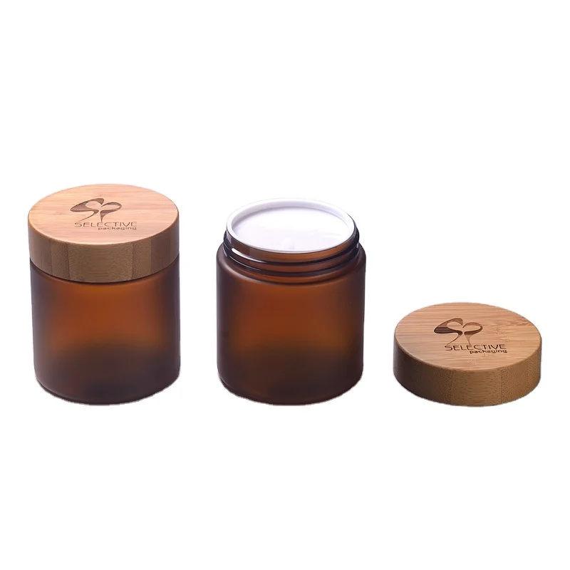 large round 8 oz frosted amber  PET plastic body jar with bamboo lid