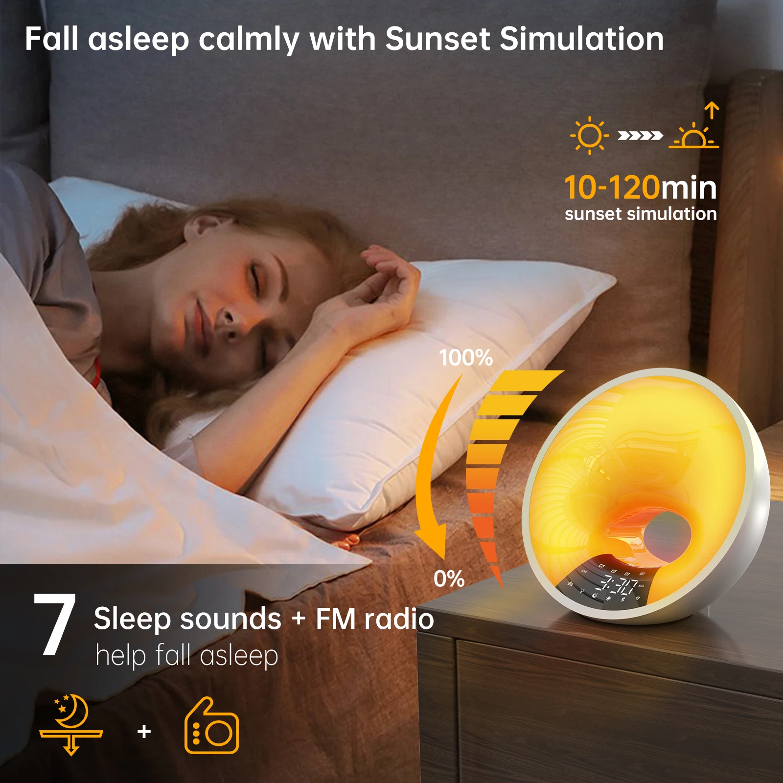Smart APP Bluetooth Alarm Clock White Noise Machine Simulate Sunrise and Sunset Colorful Wake Up Light