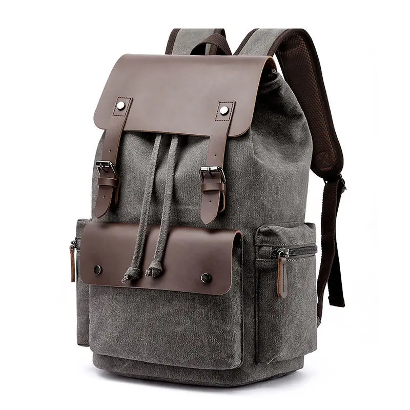 Unisex Vintage Leather Backpack with Anti-theft Feature Denim Canvas Laptop Rucksack with Polyester Lining for Men and Women