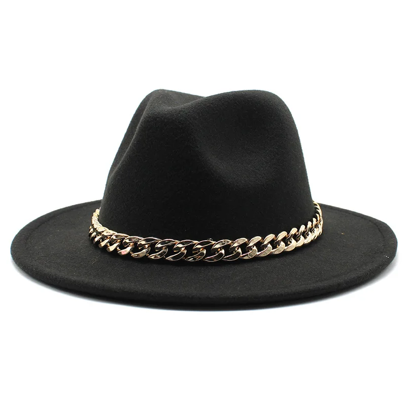 Hot sell Wide Brim Panama Hat Fedora Cap Chain Hats  For Women Luxury Jazz caps
