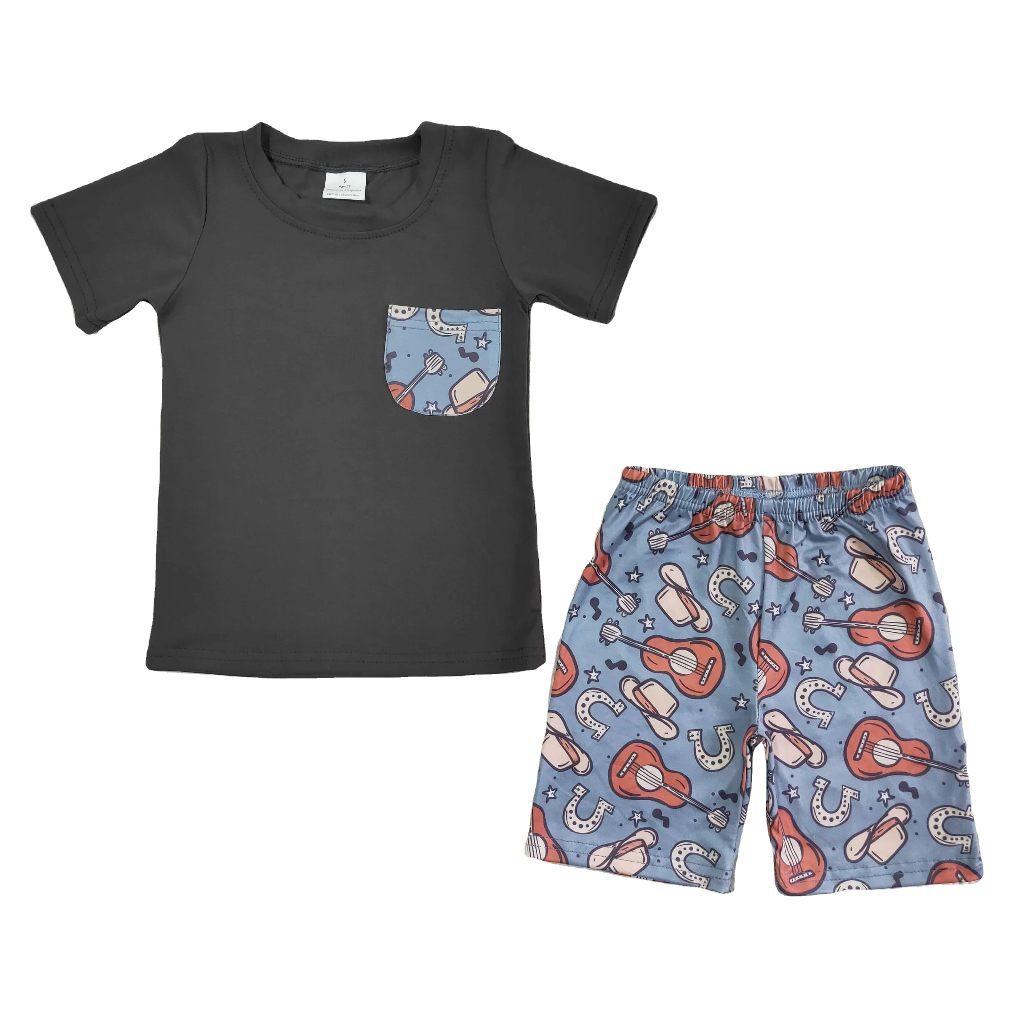 Rodeo Cowboy Guitar Print Black Top Shorts Clothing Sets Summer Wholesale Kids Outfits Boys Clothes