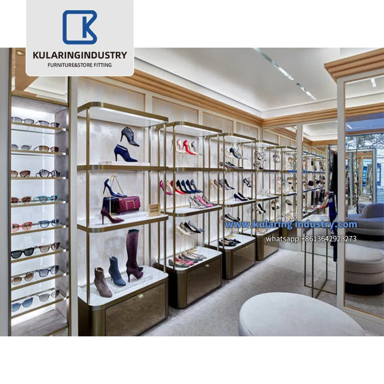 Showroom Counter Fancy Store Names Wooden Footwear Furniture Showcase Wall Display Ideas Shoes shop interior design