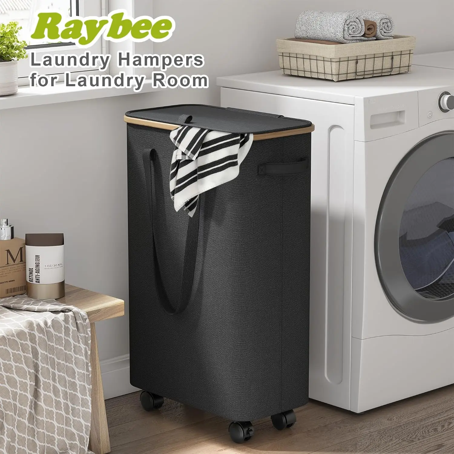 Black Bamboo Laundry Hamper for Clothes and Toys Large Capacity Laundry Hamper with Wheels Bamboo Laundry Basket