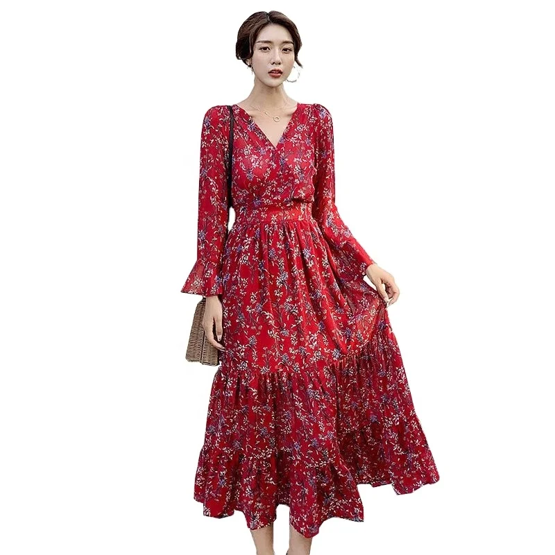 Factory wholesale Fashion Custom Lady Chiffon Ruffle Maxi Dress OEM/ODM Women Elegant Casual Dresses
