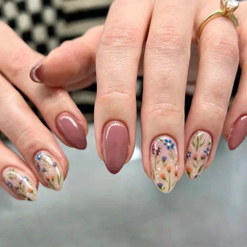 30pcs Bean Sand Small Flowers Almond Coffin Acrylic False Nails Set DIY Salon Faux Nails