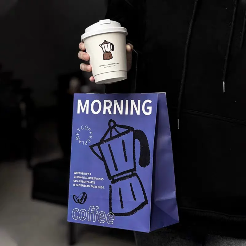 Cost Effective White Kraft Paper Coffee Bag Custom Paper Lunch Party Bag With Flat Handle