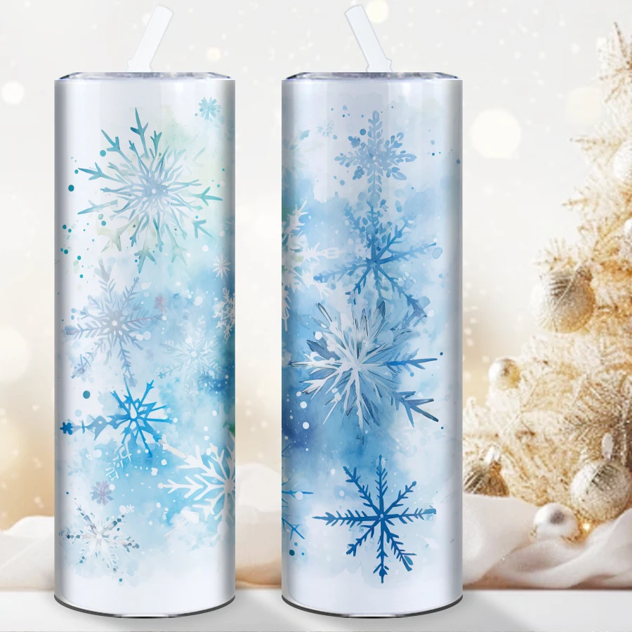 2024 Hot Ice crystal flower 3D Printed Christmas Cup Blue Snowflake 20 Oz Straight Tumbler Blue And Background Skinny Tumbler