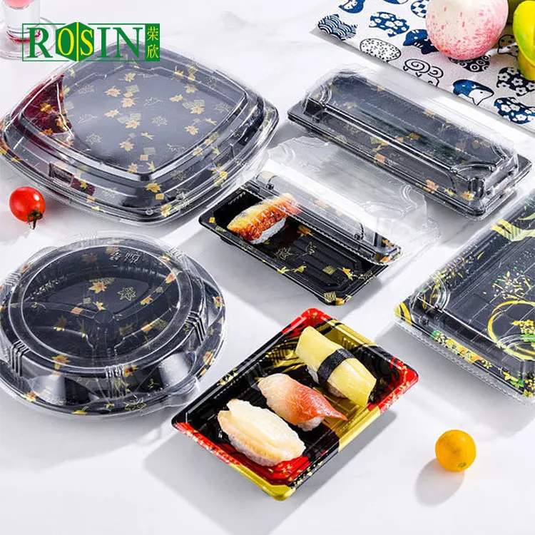 Custom Disposable japanese pack packaging biodegradables takeaway black square container to go box plastic sushi tray with lid
