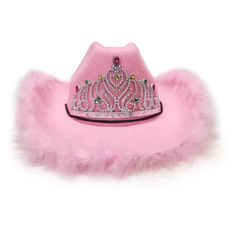 2021 New Carnival makeup accessories wide brim Princess Crown pink felt feather light up ladies cowboy hat party