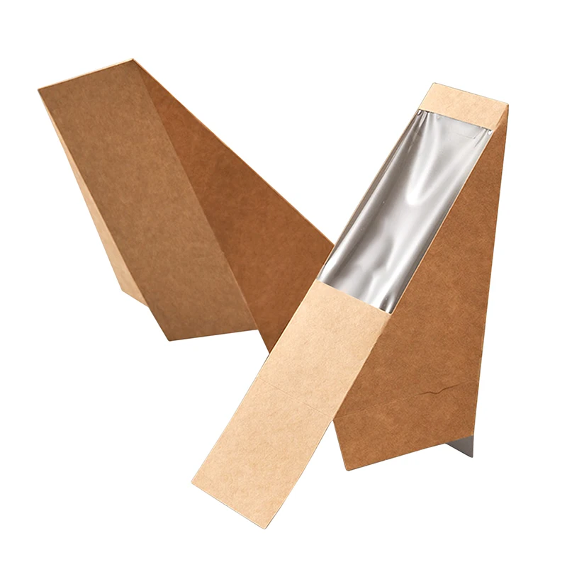 Custom eco carry kraft paper packaging triangle sandwich lunch boxes with clean PET plastic window