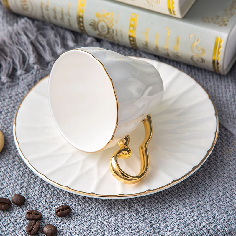 European Style Tea Cup & Saucer Set With Gold Handle
