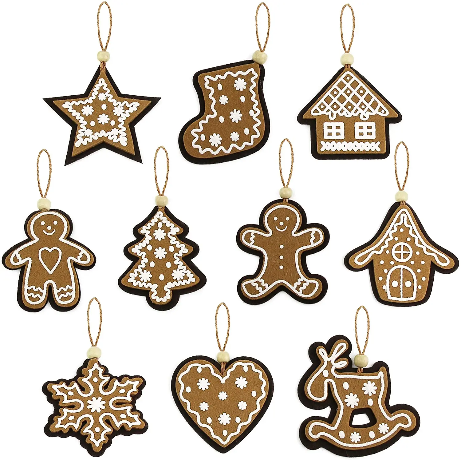 wool felt  Christmas Tree Decorations Set of 10 Gingerbread Snowflake Star Heart House  felt Christmas decoration ornament