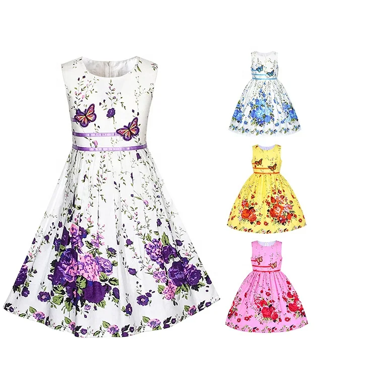 Custom Wholesale Big Kids Wear Vendor Designers Summer Children Girl Clothing Kids Clothes Flower Girls Dress With Floral Print