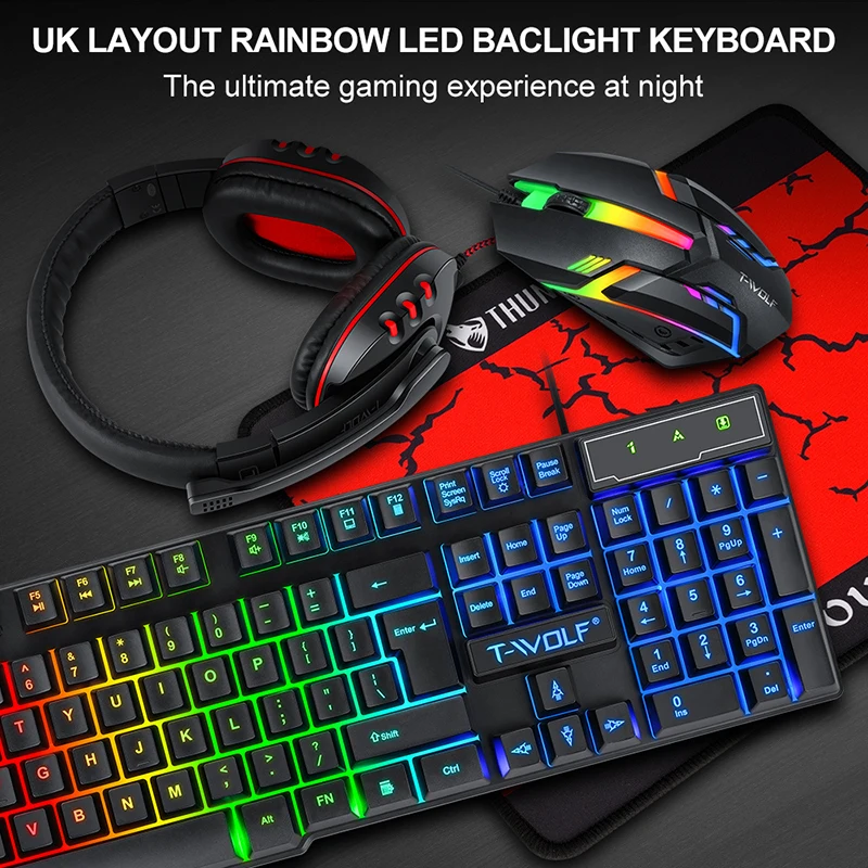 LED 4 in 1 Gaming Keyboard And Mouse Headset Mouse Pad Keyboard Ergonomic Light Mechanical TF800 4 in 1 Gaming Combo Set