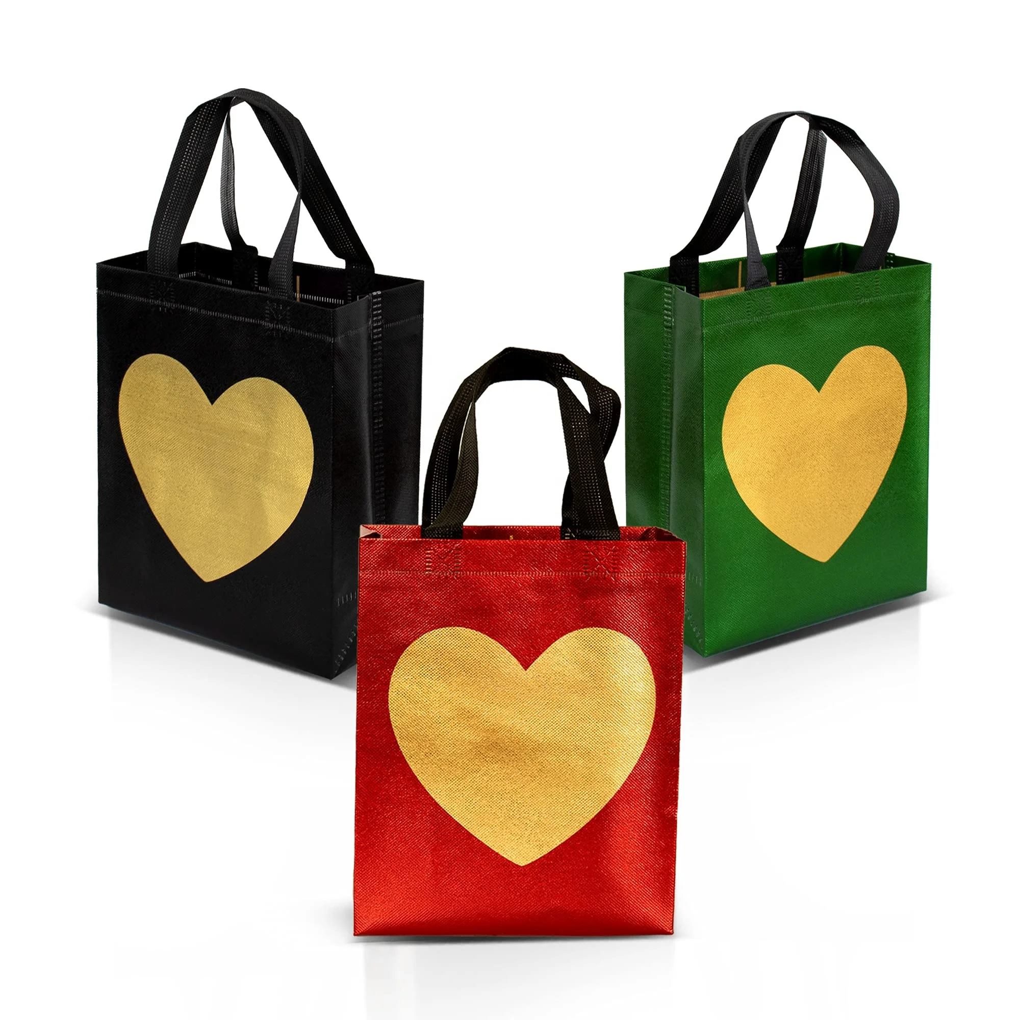 Christmas Party Medium Size Red Green Black Eco-friendly Gift Glossy Finish Reusable Non Woven Pp Bag With Shiny Gold Heart