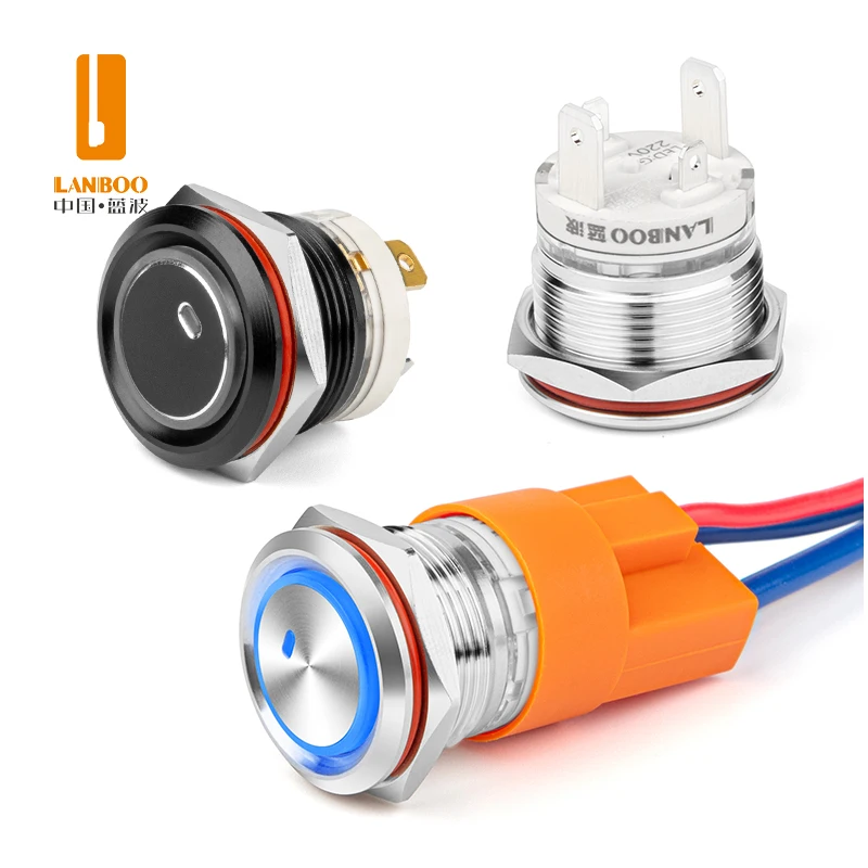 LANBOO Metal waterproof push button switch 12mm 16mm 19mm 22mm high current IP67 latching or momentary optional 12V 24V 220V