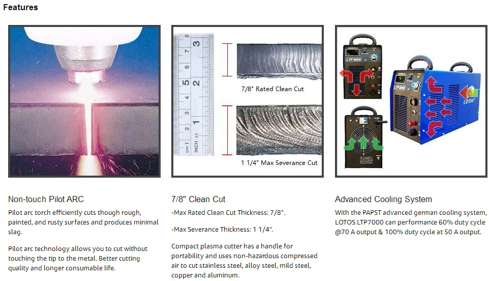 LOTOS ltp7000 IGBT Inverter 70 Amps Pilot Arc cut 40 air plasma cutter with compressor with smooth cutting feature