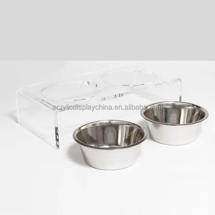 Acrylic Double dog Bowl Pet Feeder with Silver Bowls lucite  bowl with stand for dog and
