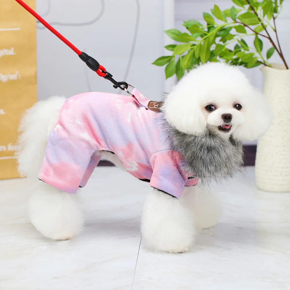 Four legged Jeans pet cotton padded clothes dogs Clothing belt traction hole go walk dog coat shop online wholesaler
