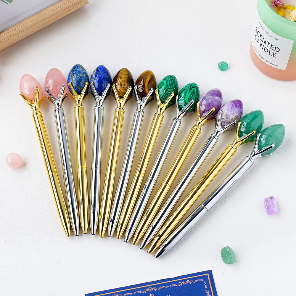 Wholesale Amethyst Dinosaur Eggs Metal Ballpoint Pen Crystal Egg Stone Top Crystal Pen Rotary Business Pens Gift