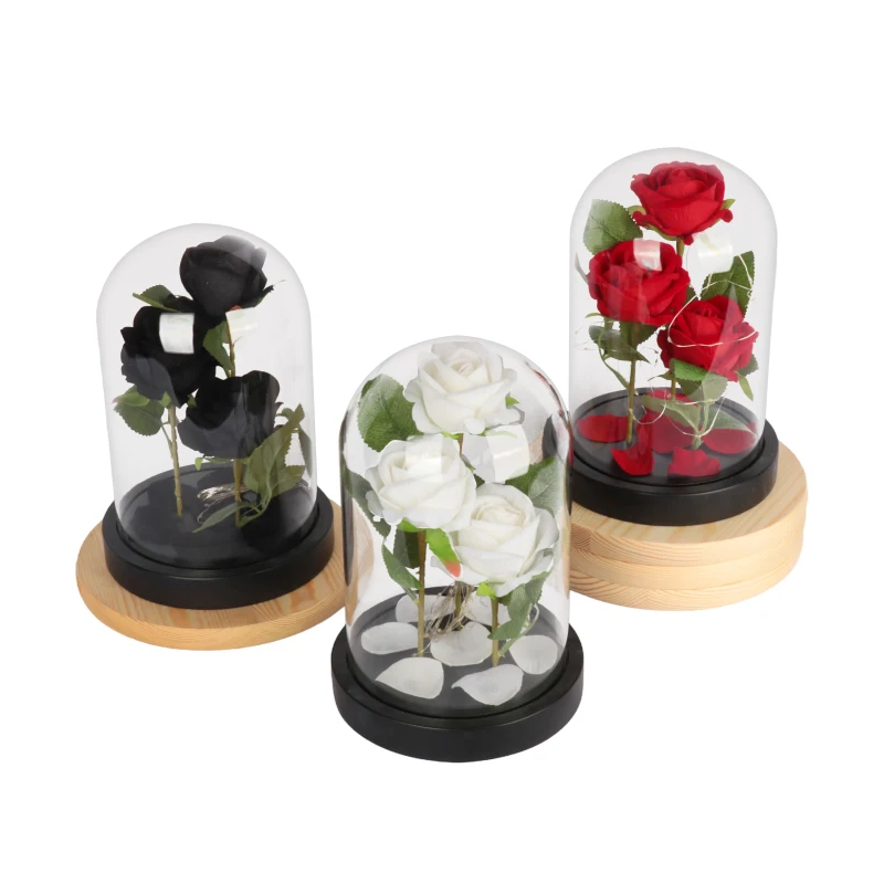 wholesale valentine gifts beauty and the beast rose ever lasting forever roses preserved mini artificial flowers in glass dome