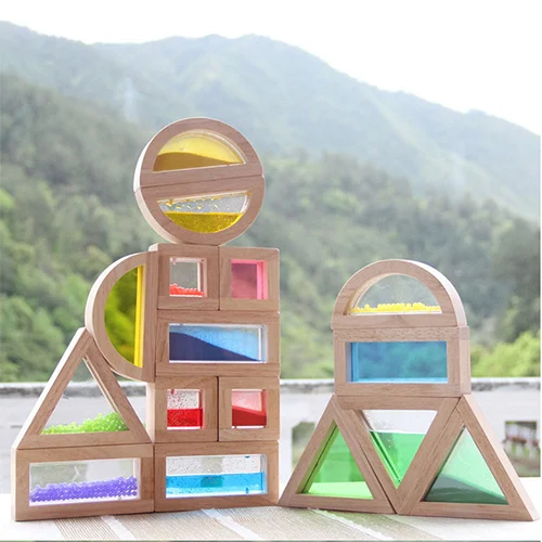 Children Toy 16 pcs Rainbow Shape Wooden Stacking Block Wooden Sensory Building Block Sets For Kids