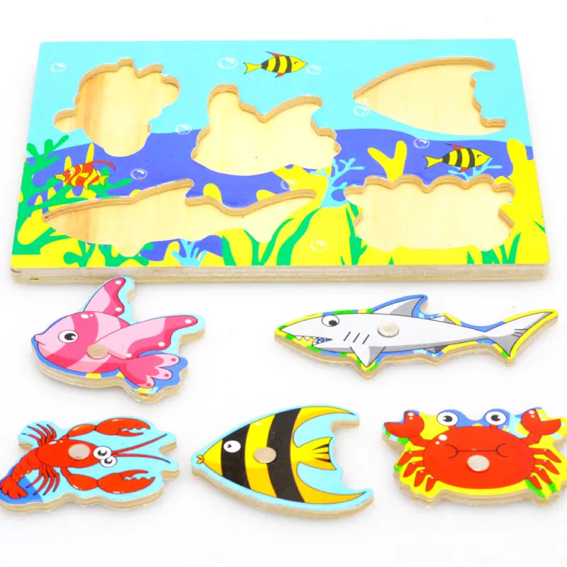 Magnetic Fishing Puzzle Kids Matching Game Children Wooden Puzzle Toys