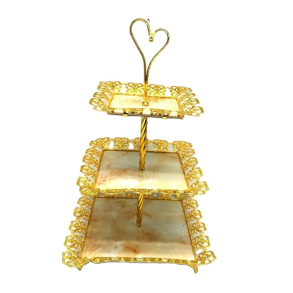 Best selling 3-Tier marble plate decorated with gold metal for  Mini cake fruit candy Display shelf