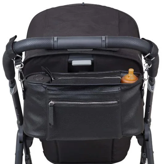 pu leather Universal Baby Stroller Organizer 2 Insulated Cup Holder Large capacity stroller caddy with Adjustable Shoulder Strap