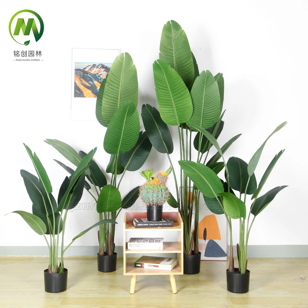 Home Decor Hot Sale Indoor Artificial Green Banana Plants Plastic Big Leaves Potted Plant Artificial Traveler Banana Tree