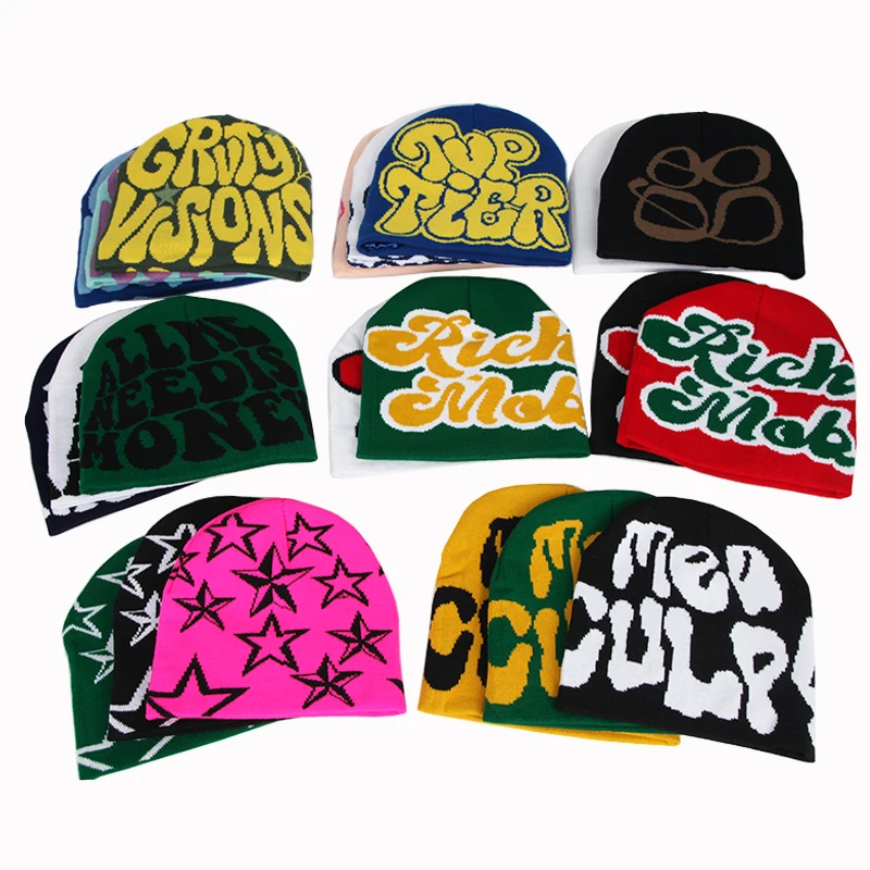 Manufacturer Mea Culpa Y2K Custom Graphic Letter Logo Jacquard Knit Beanie Hat