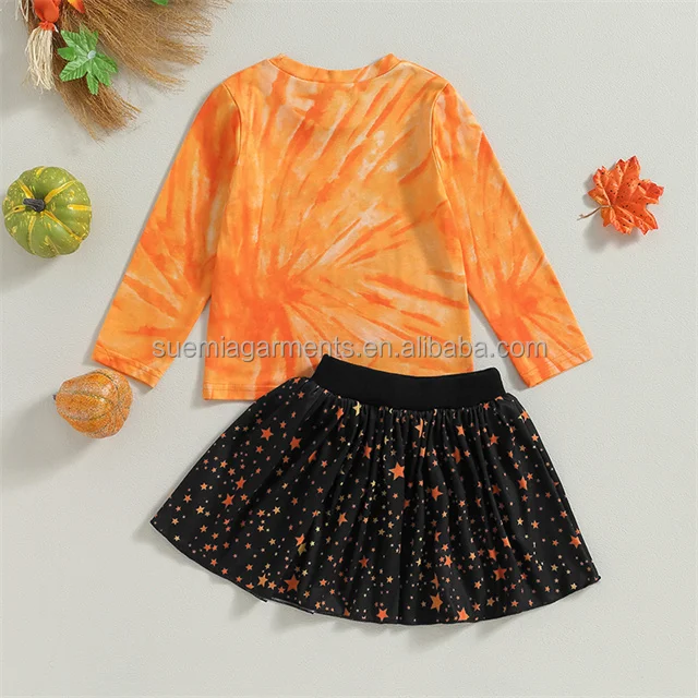 Long Sleeve Pumpkin Face Print Tops Mini Skirt Toddler Halloween Kid Girls Clothes Outfits