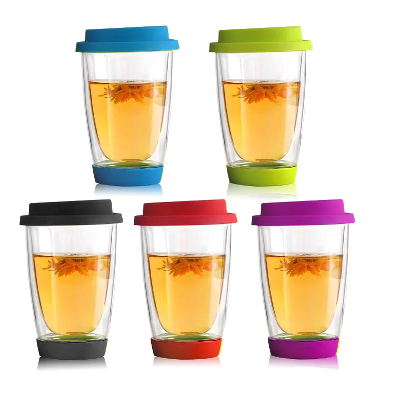 350ml Car Holder Soft Base Travel Coffee Tumbler Clear Double Layer Heat Proof Borosilicate Glass Coffee Cup with Silicon Sleeve