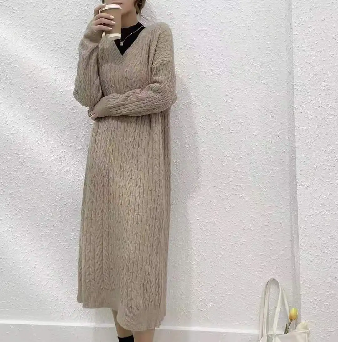 Autumn winter over knee long knitted dress female loose large size temperament V neck long skirt South Korea base sweater skirt