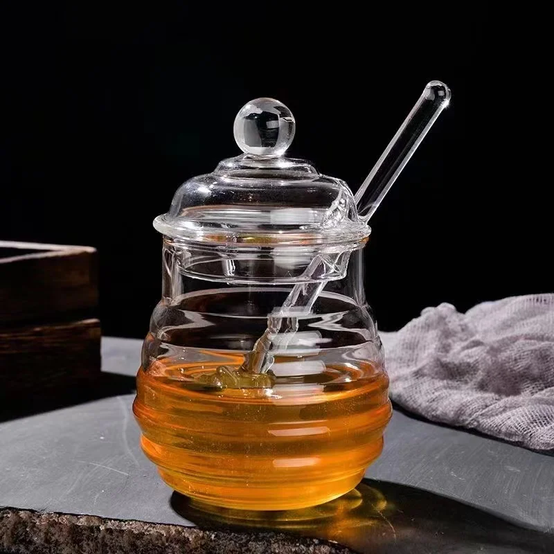 Beehive Honeycomb Shaped Hexagonal Glass Storage Pot Jar Cruet Spice Herb Honey Jam Jar with Glass Dipper and Lid