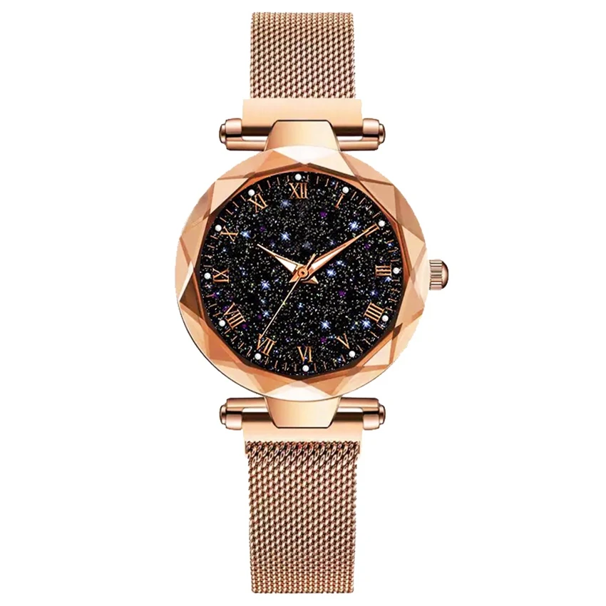 
Luxury Mesh Ladies Clock Magnet Buckle Starry Diamond Geometric Surface Casual Dress Quartz Wristwatch Women Watches Rose Watch 