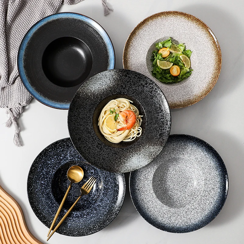 Porcelain Black Round Salad Plate with Rim Ceramic Soup Plate, Direct Factory Deep Plate For Restaurant