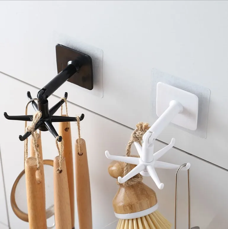 360 Degrees Rotated Household Wall-mounted Collapsible Rotating Hook Plastic Multi-hook Storage Rack