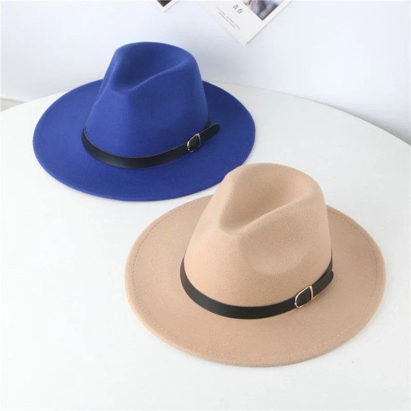 Fashion Solid Color Wide Brim Fedora Hats Belt Buckle Trilby Round Top Felt Fedoras for Vintage Ladies Kids