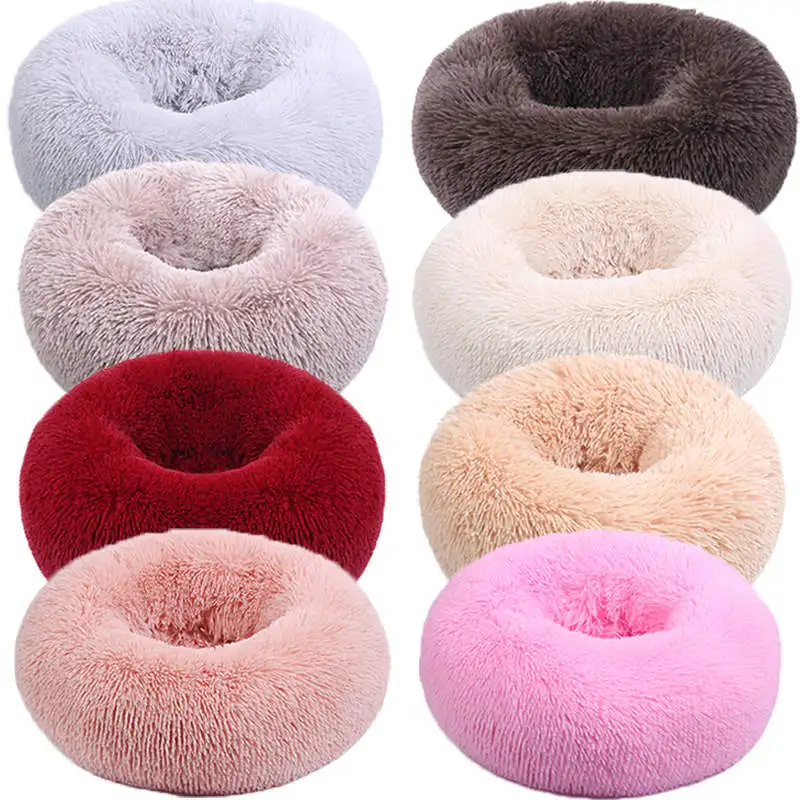 2023 high quality Soft Plush Warm Round Plush Fluffy Donut Pet Beds Cushion Sofa Cat Dog Bed