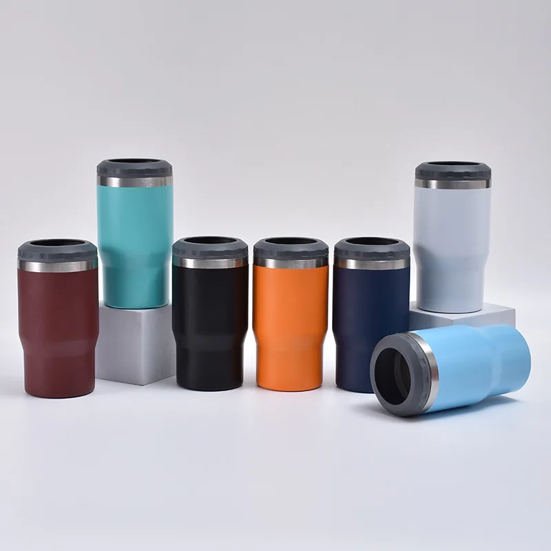 Wholesale 14 oz Stainless Steel Double Wall Beer Bottle 4 in 1 Can Cooler Can Sleeves with Double lids