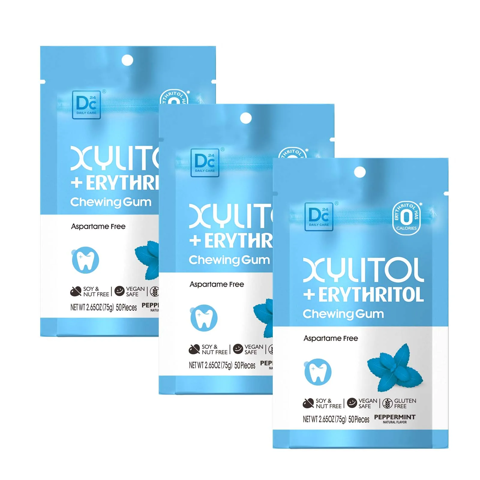 Dc24 Daily Care hot sale Erythritol Xylitol Erythritol Sugar Free Vegan 75g per Pouch Packing Sweet Spearmint Chewing Gum