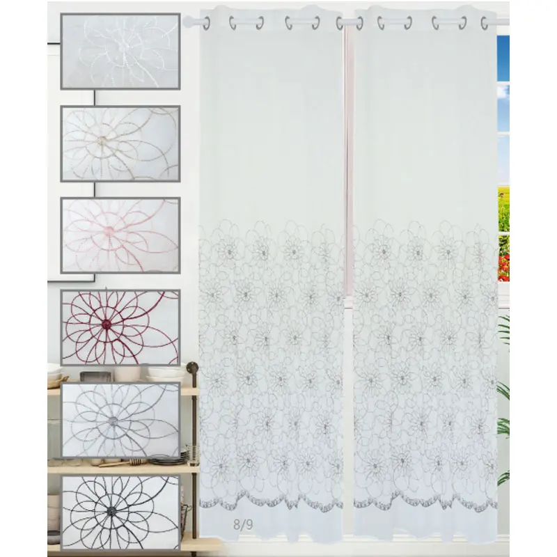 Sheer Curtains Embroidered Leaf Pattern Pocket Faux Linen Floral Semi Sheer Voile Window Curtains/Drapes for Bedroom Living Room