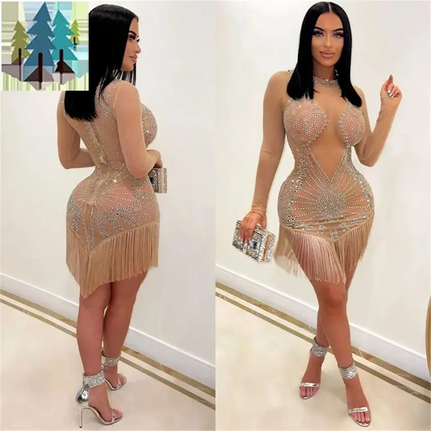 Club Dress Shiny Sequined Red Carpet Dresses Evening Gown Spring Outfits For Women 2022 Translucent Summer Night Rhinestone