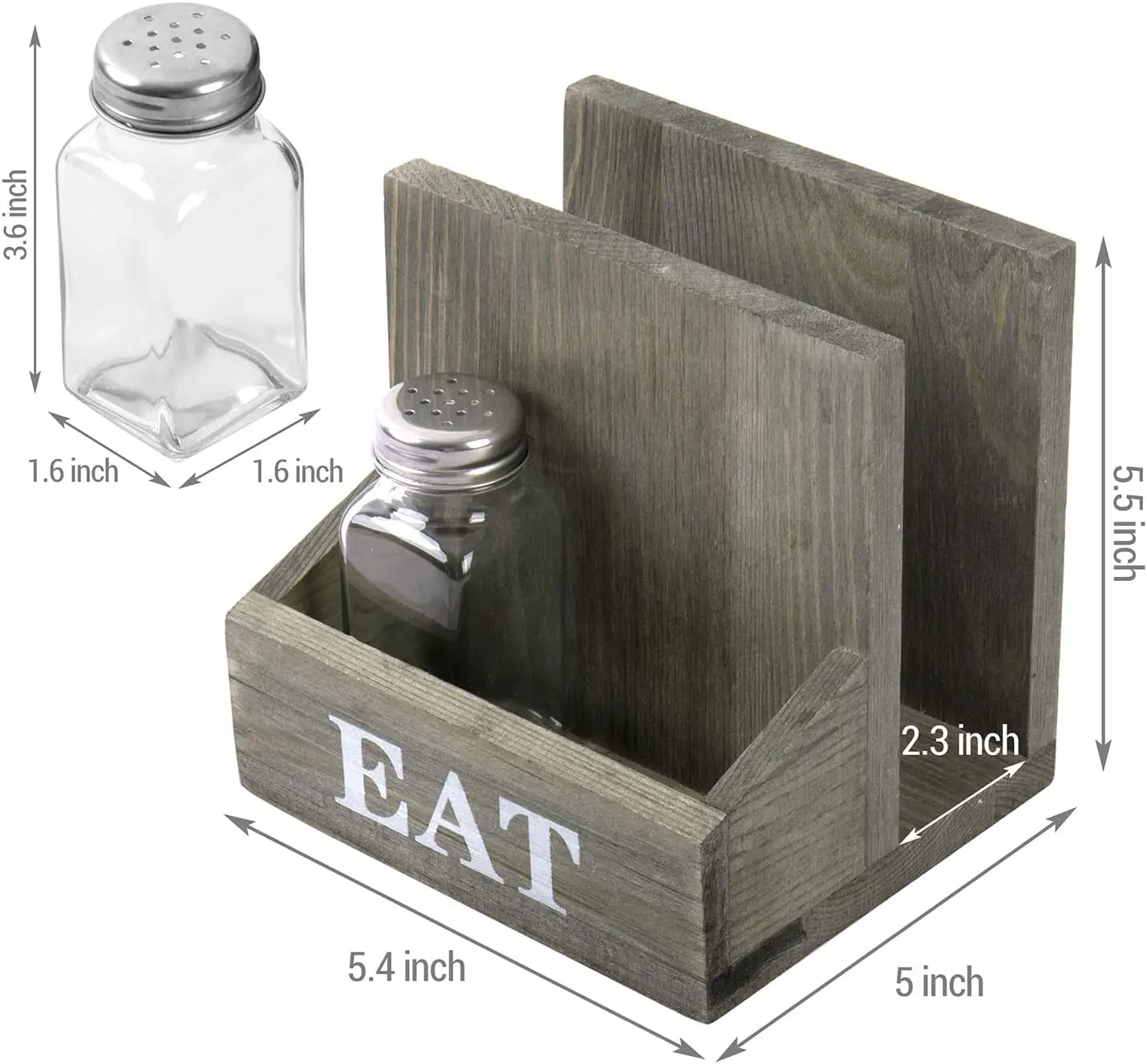 2 Compartment Vintage Gray Wood Napkin Holder Rack With Spice Shakers / Condiment Bin and Bold White Printed EAT Lettering