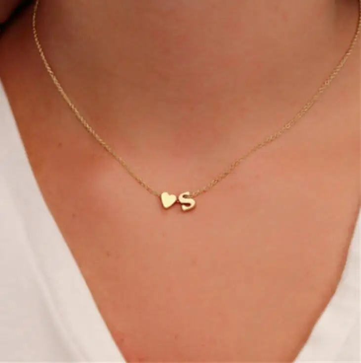 Fashion Tiny Heart Dainty Initial Gold Silver Color Letter Name Choker Necklace For Women Pendant Jewelry